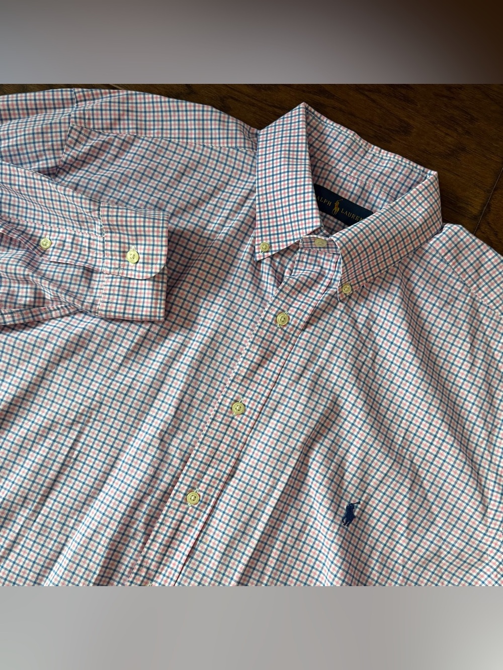Ralph Lauren Mens Shirt LT Blue/Pink Plaid Long Sleeve Button Down Pony Logo